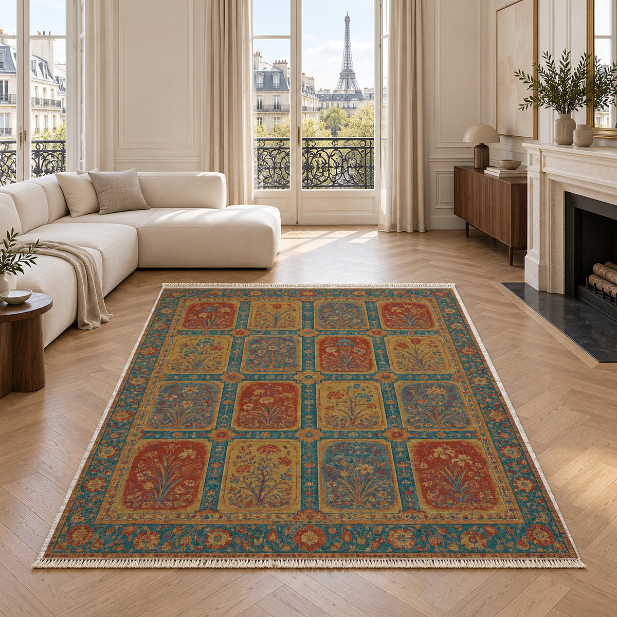 Charbagh Peacock & Ochre washable rug in a living room with an Eiffel Tower view