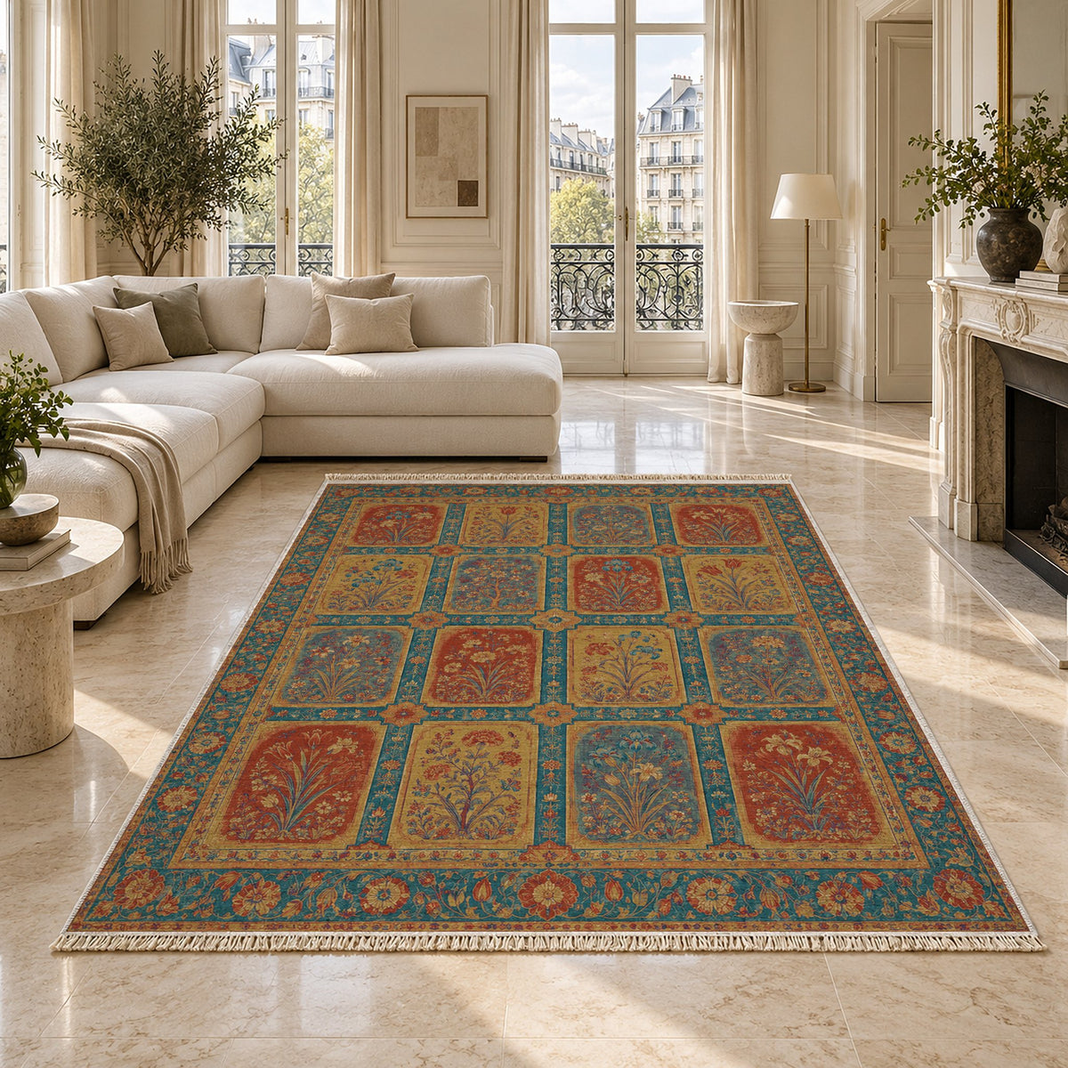 Charbagh Peacock & Ochre washable rug on a marble floor