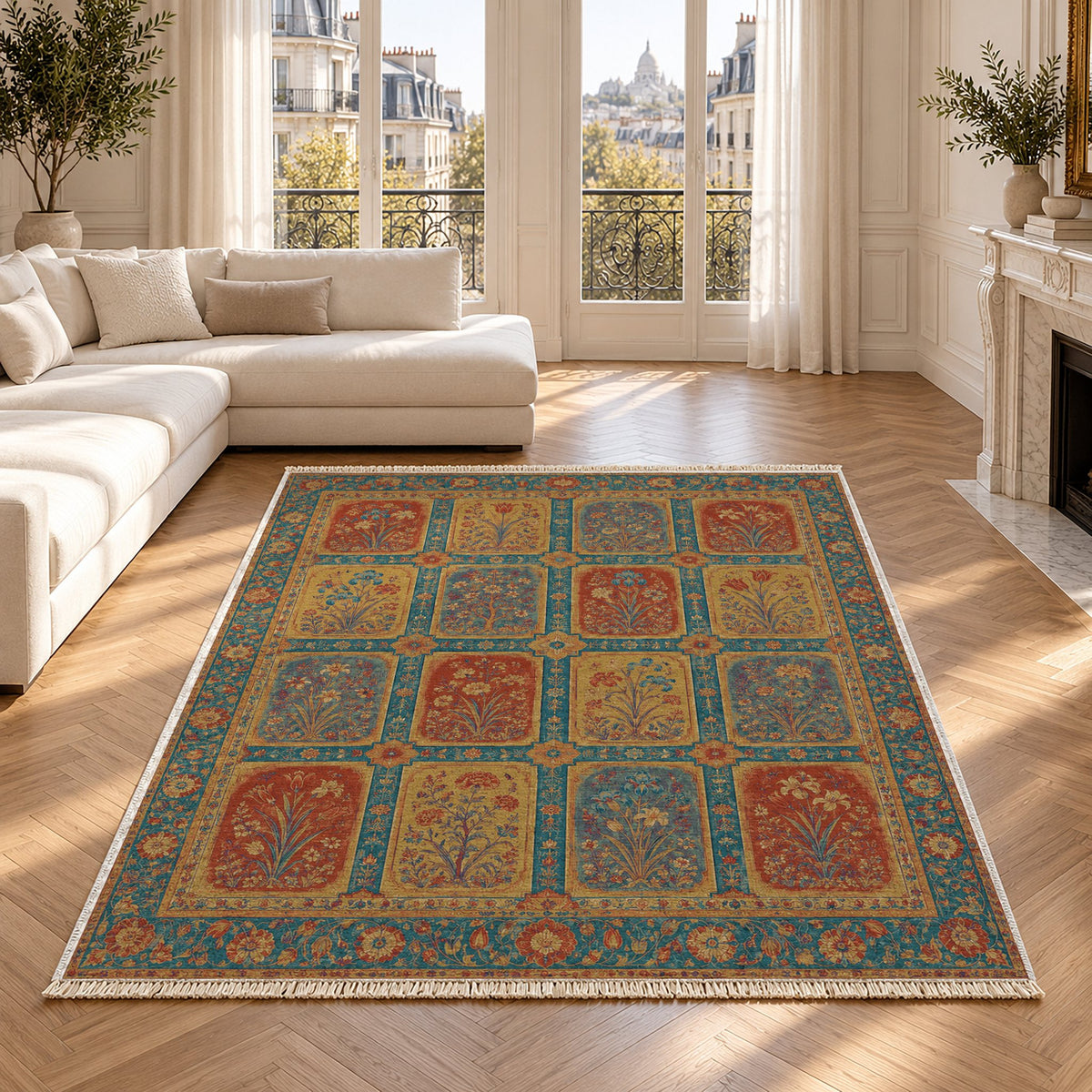 Charbagh Peacock & Ochre washable rug in a Paris living room