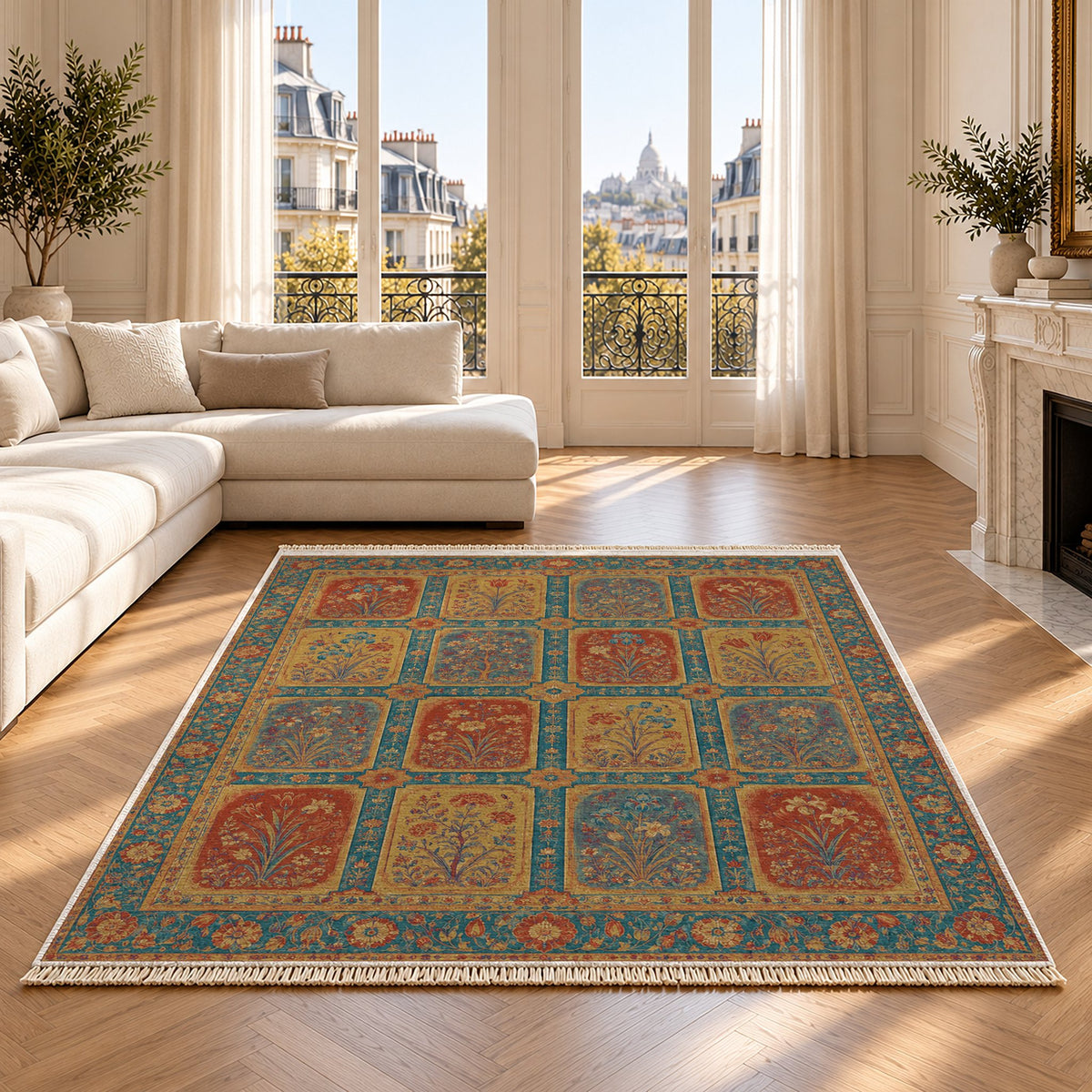 Charbagh Peacock & Ochre washable rug on an oak floor