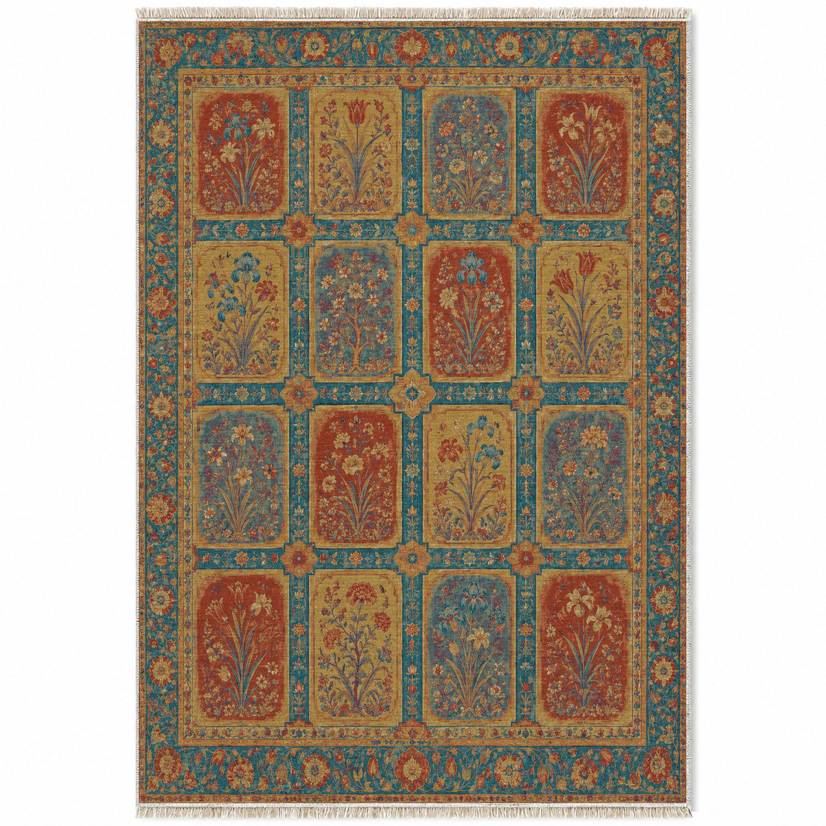 Charbagh Peacock & Ochre washable rug top view