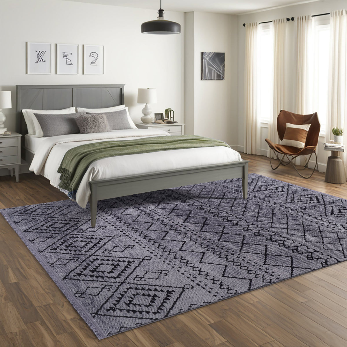 Charcoal Berber Diamond Washable Rug in a living room