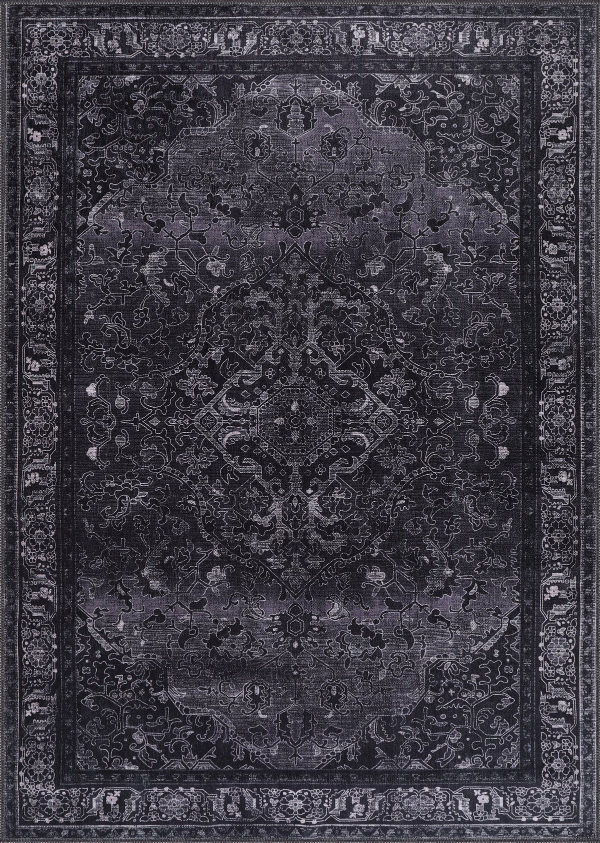 Charcoal Black Distressed Medallion Washable Rug 1318 top view