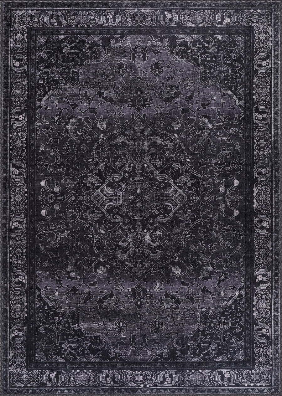 Charcoal Black Distressed Medallion Washable Rug | 1318