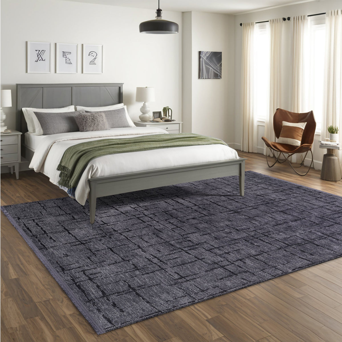 Charcoal Crosshatch Washable Rug in a living room
