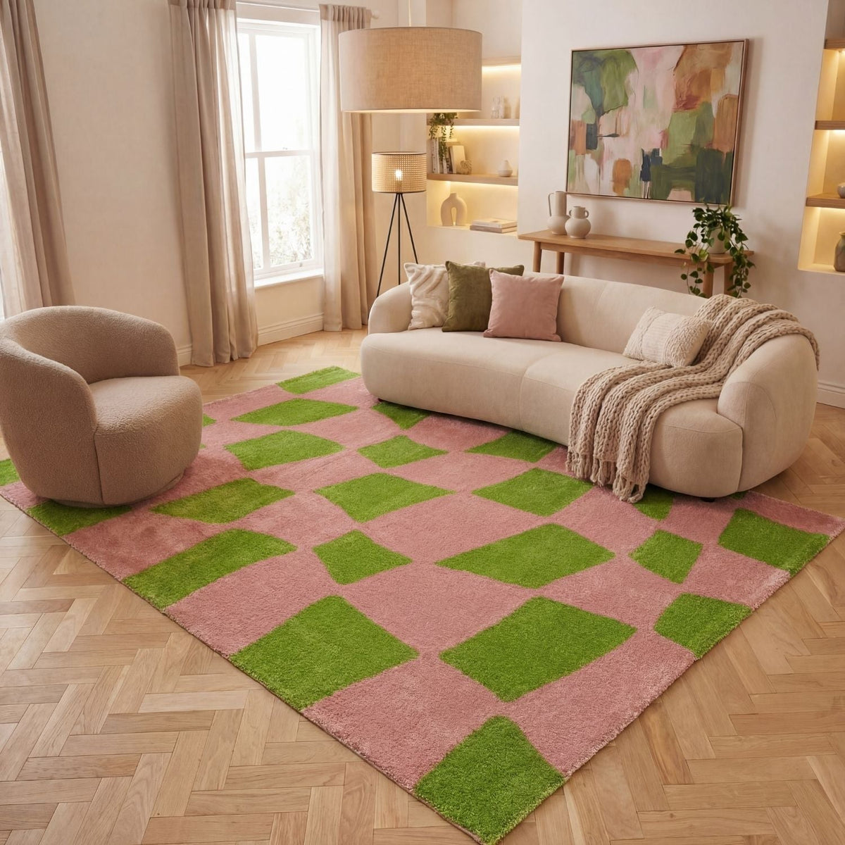 Joli Checkered Green & Pink Rug — room photo 7