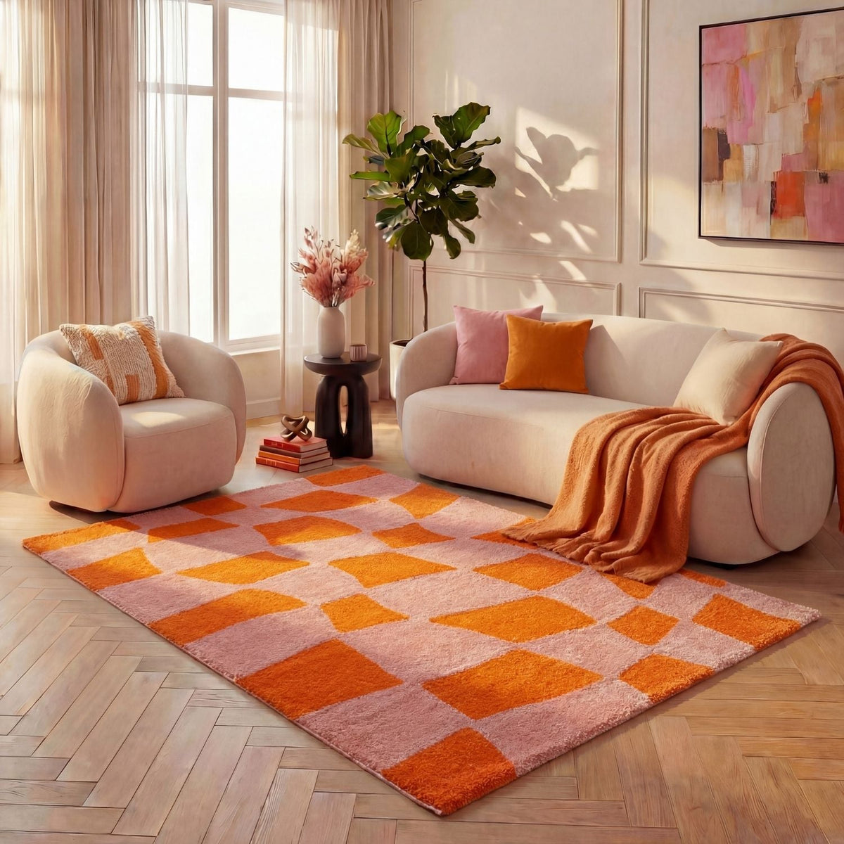 Joli Checkered Orange & Pink Rug — room photo 7