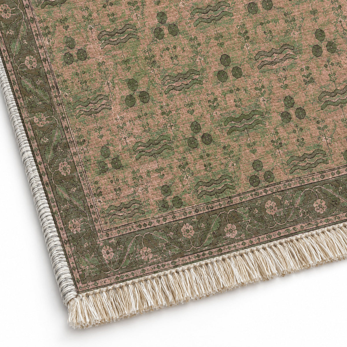 Chintamani Garden Rose & Olive washable rug close-up of the printed chenille