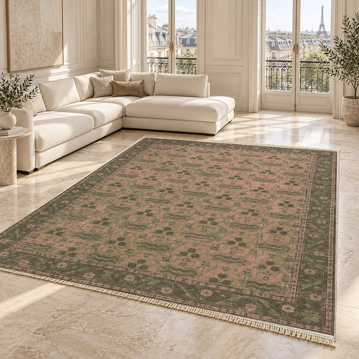 Chintamani Garden Rose & Olive washable rug angled room view on marble