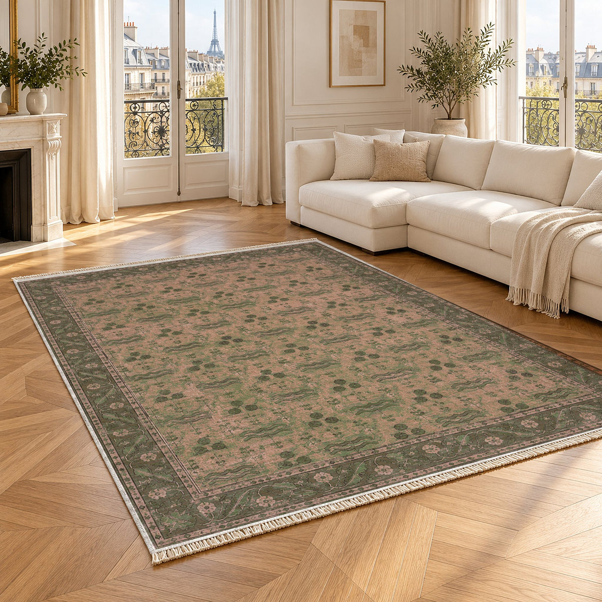 Chintamani Garden Rose & Olive washable rug angled room view