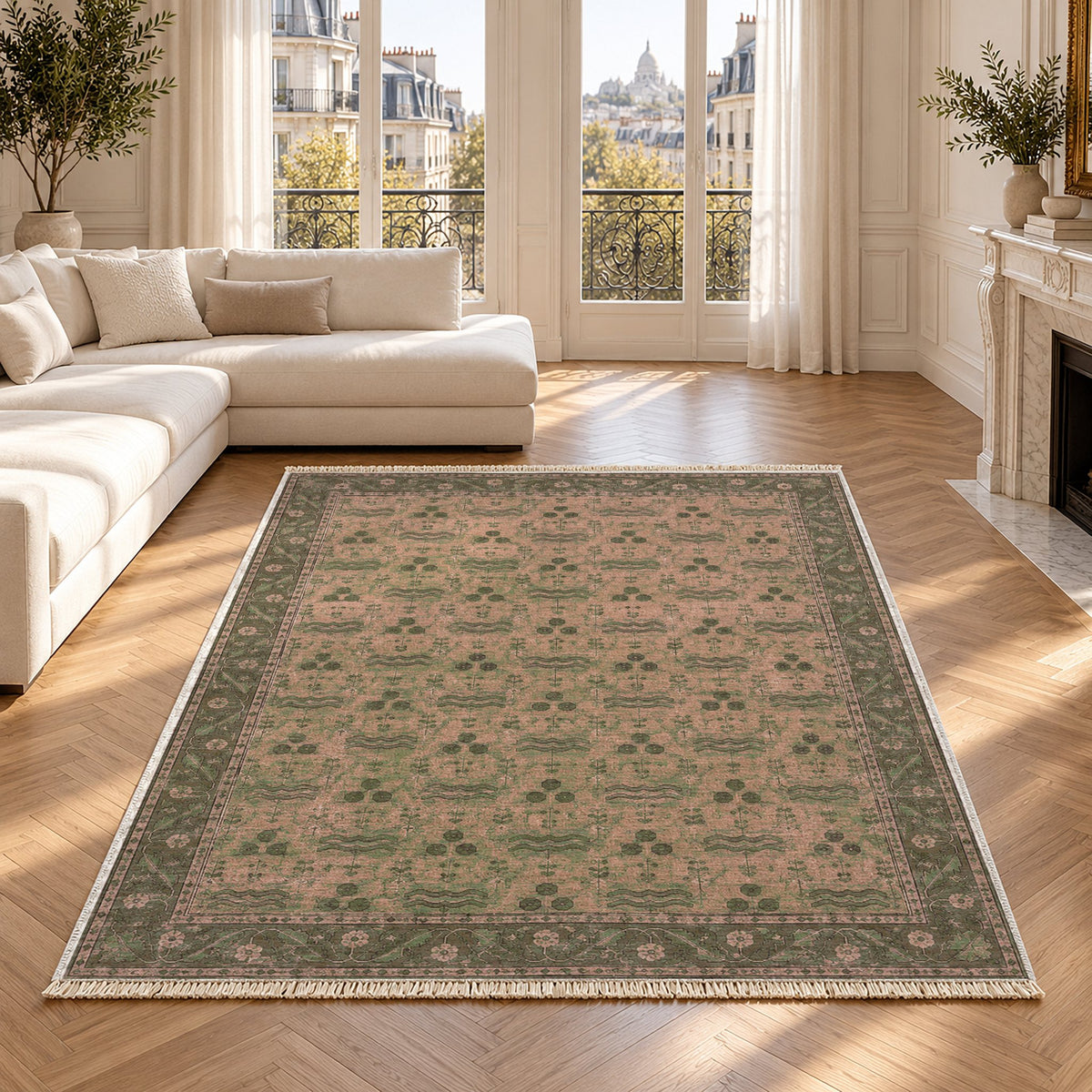 Chintamani Garden Rose & Olive washable rug in a Paris living room