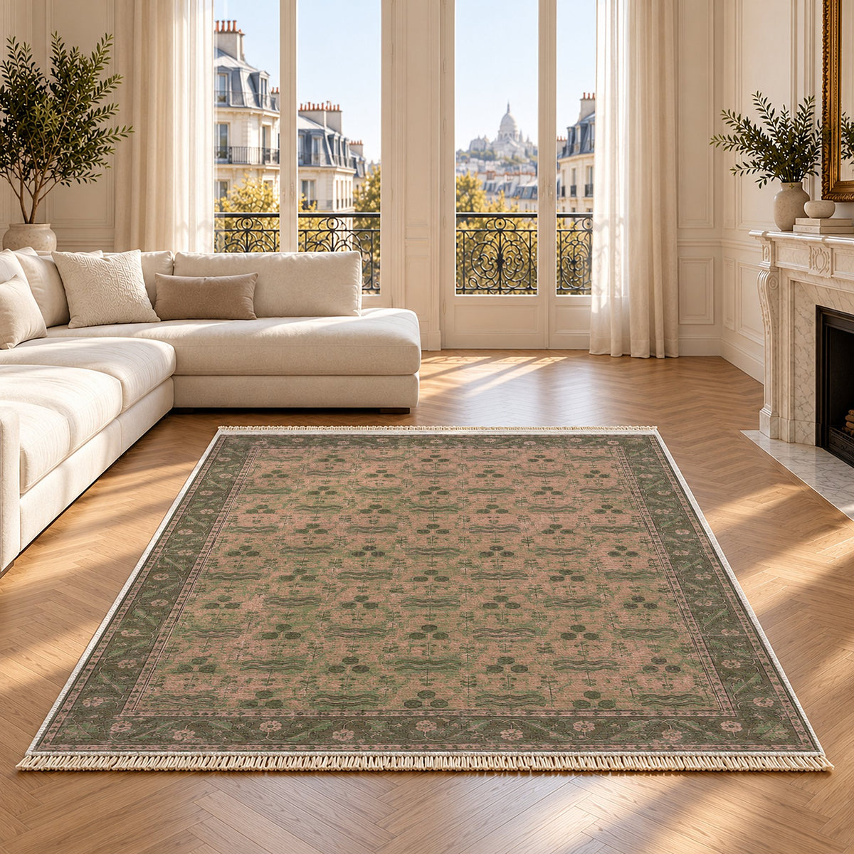 Chintamani Garden Rose & Olive washable rug on an oak floor