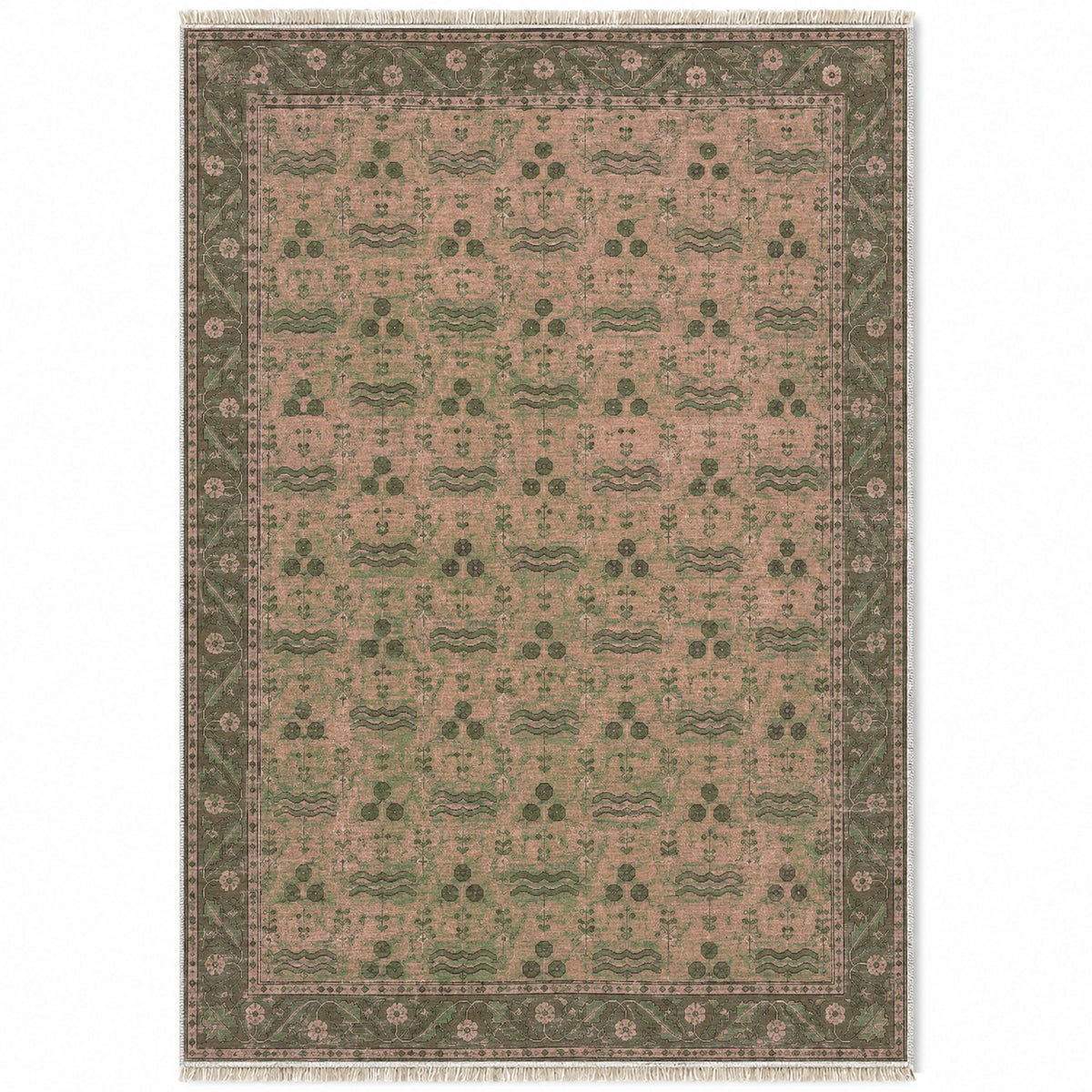 Chintamani Garden Rose & Olive washable rug top view