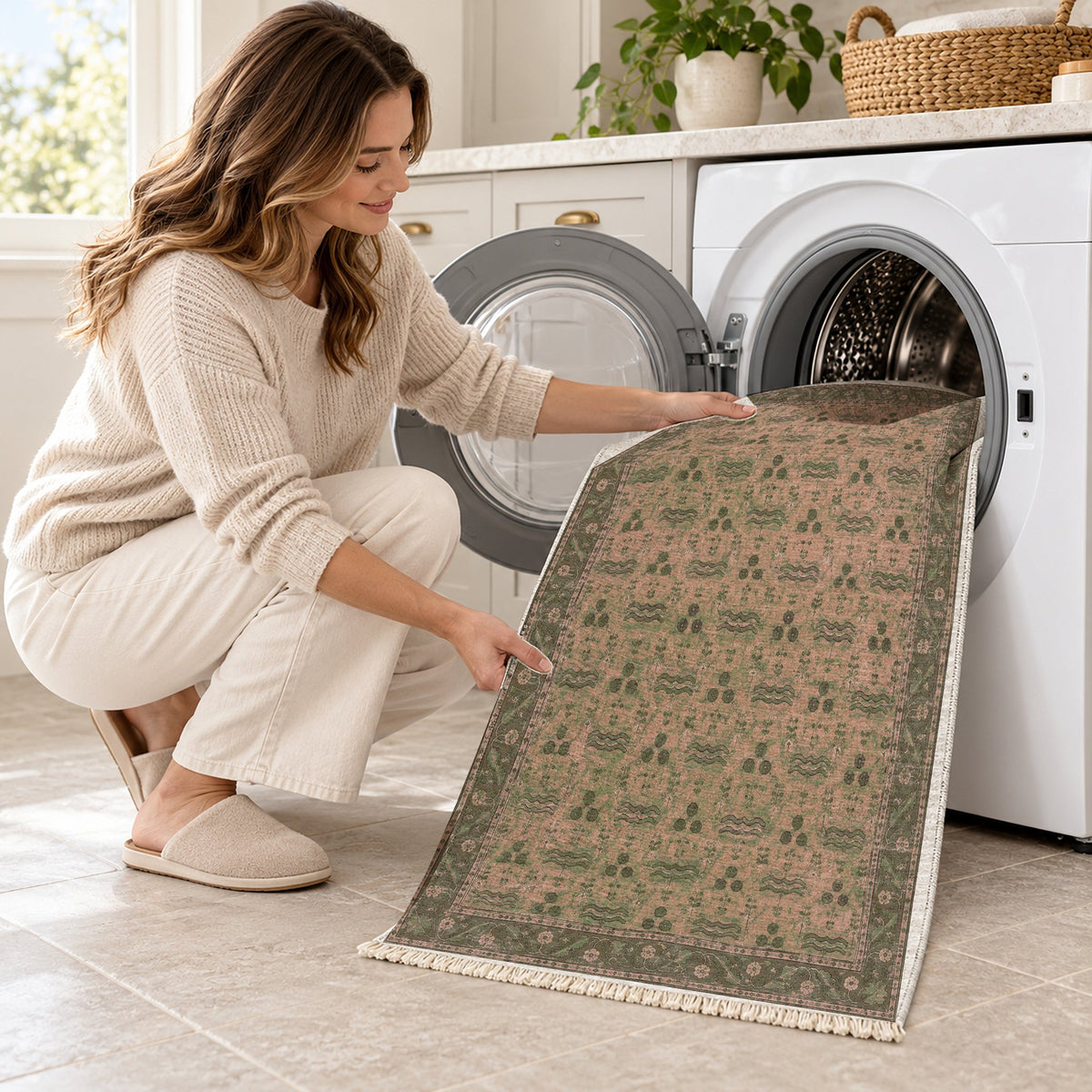 Chintamani Garden Rose & Olive washable rug being loaded into a washing machine