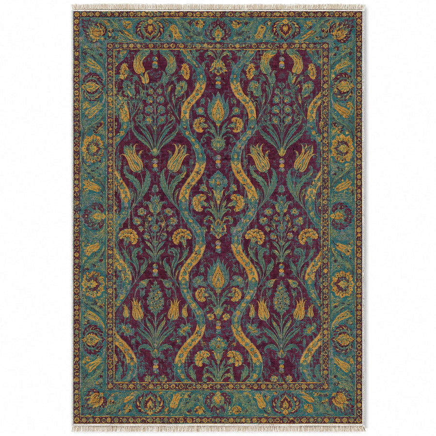 Chintamani Silk Burgundy & Teal Ottoman Washable Rug