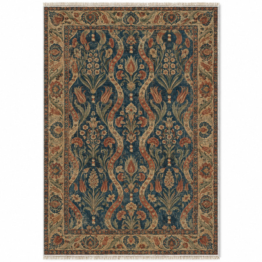 Chintamani Silk Indigo & Rust Ottoman Washable Rug