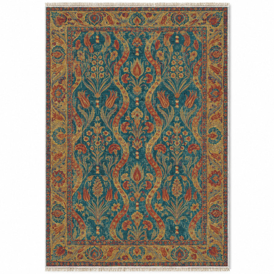 Chintamani Silk Peacock & Ochre Ottoman Washable Rug