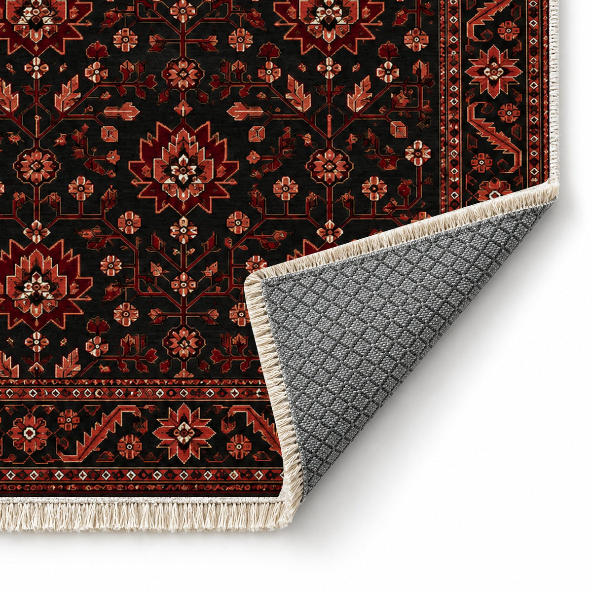Chobi Vine Black washable rug folded corner showing the backing