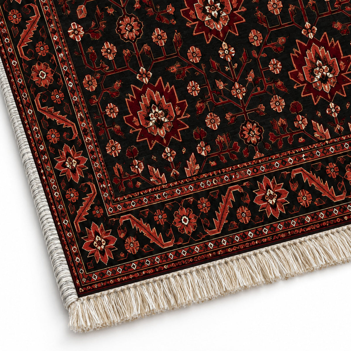 Chobi Vine Black washable rug close-up of the printed chenille
