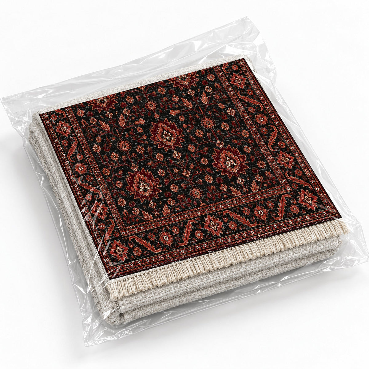 Chobi Vine Black washable rug rolled and packaged