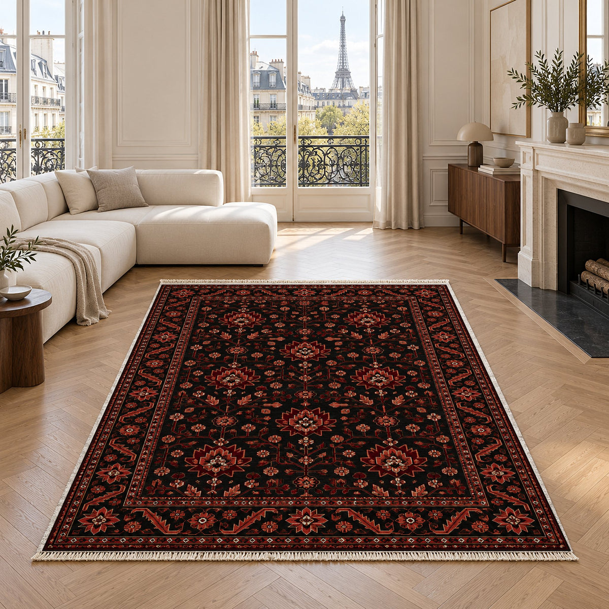 Chobi Vine Black washable rug in a living room with an Eiffel Tower view