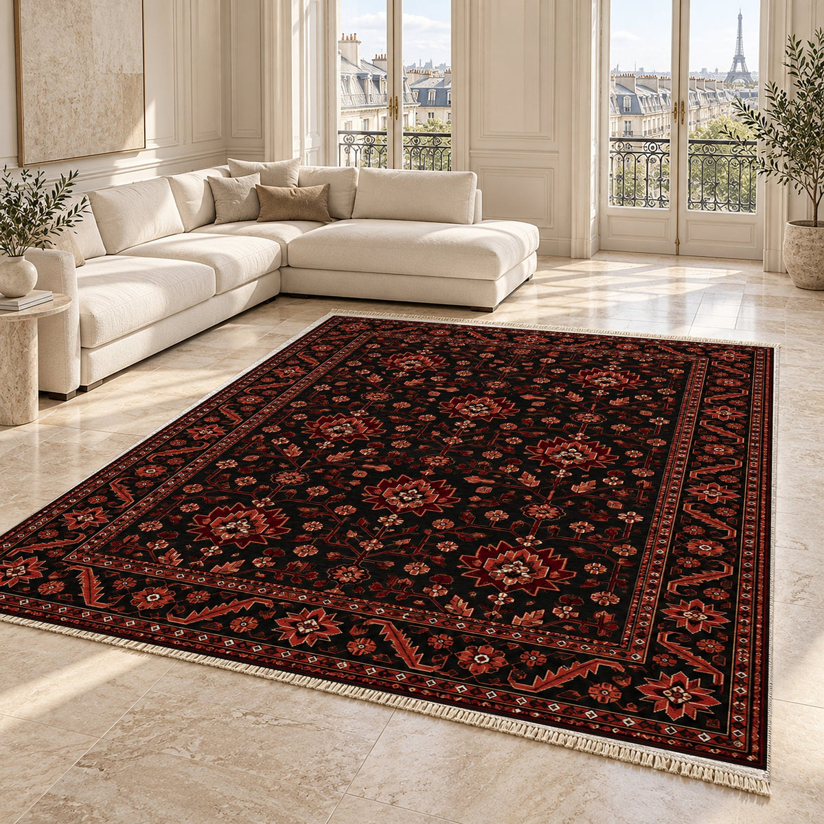 Chobi Vine Black washable rug angled room view on marble