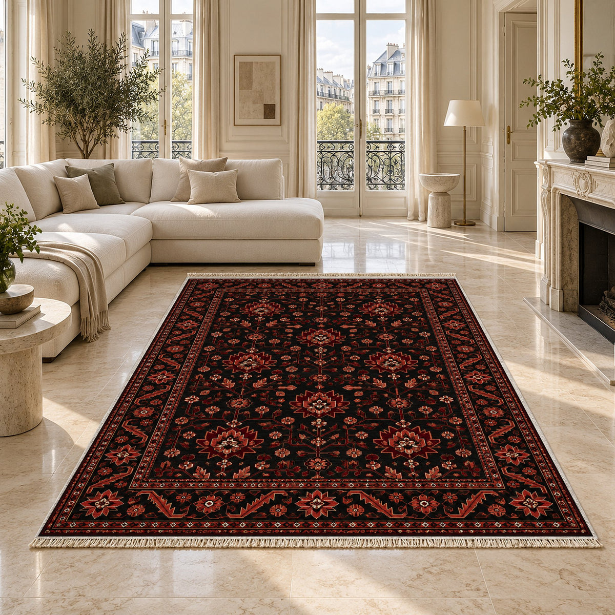 Chobi Vine Black washable rug on a marble floor