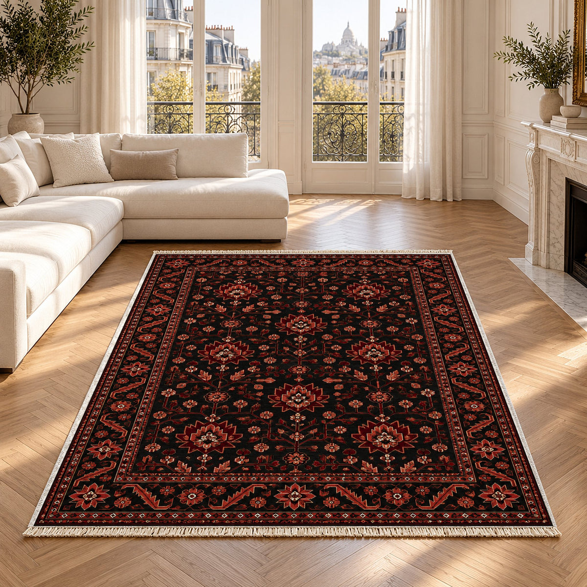 Chobi Vine Black washable rug in a Paris living room