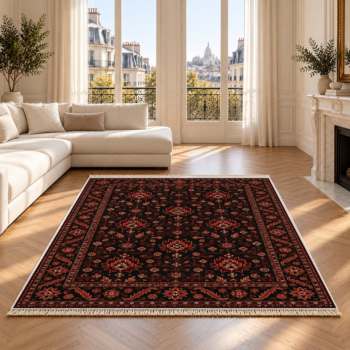 Chobi Vine Black washable rug on an oak floor