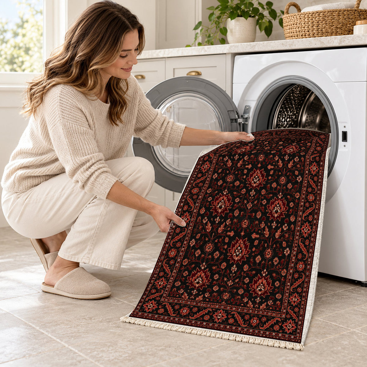 Chobi Vine Black washable rug being loaded into a washing machine