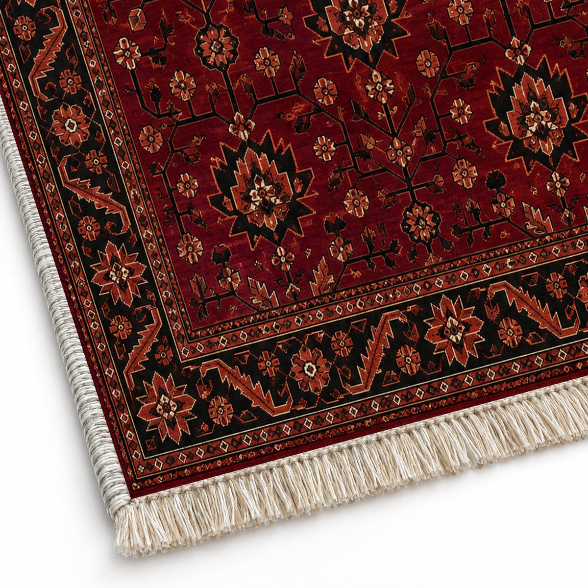 Chobi Vine Burgundy washable rug close-up of the printed chenille