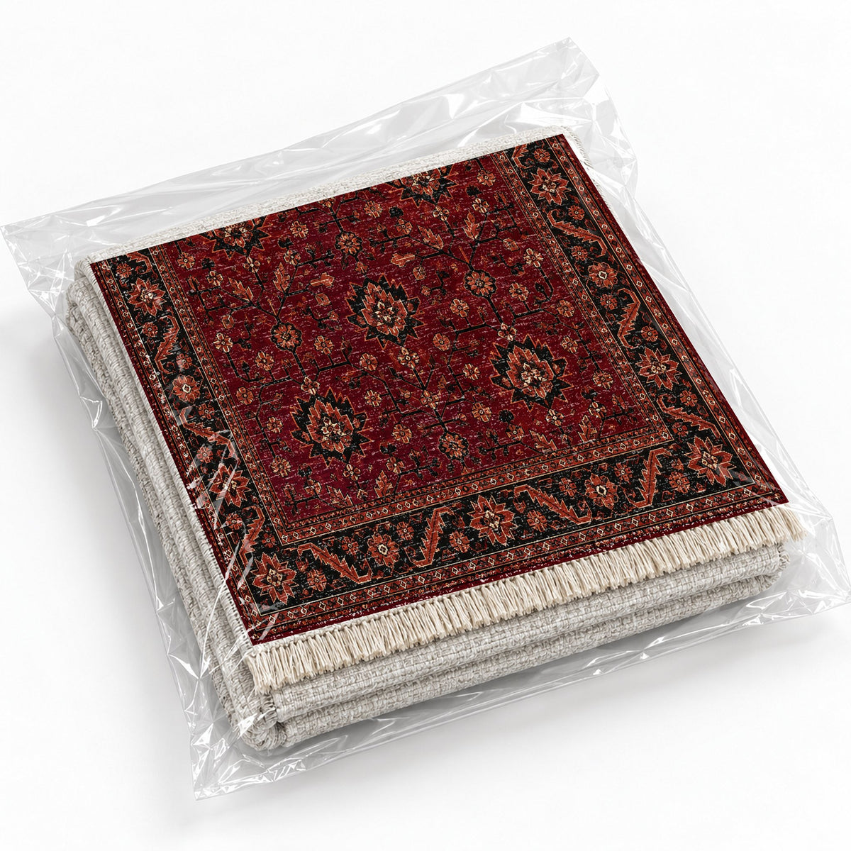 Chobi Vine Burgundy washable rug rolled and packaged