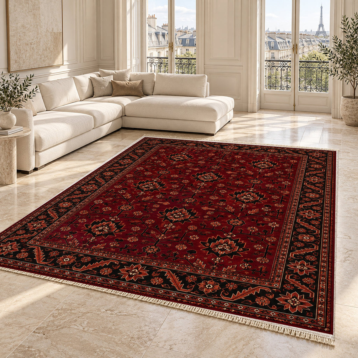 Chobi Vine Burgundy washable rug angled room view on marble
