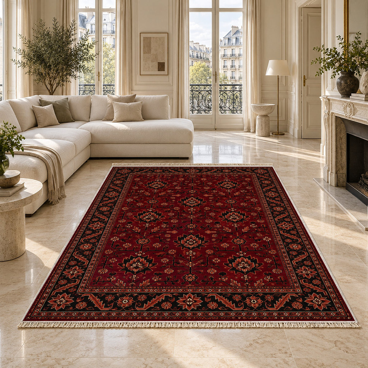 Chobi Vine Burgundy washable rug on a marble floor