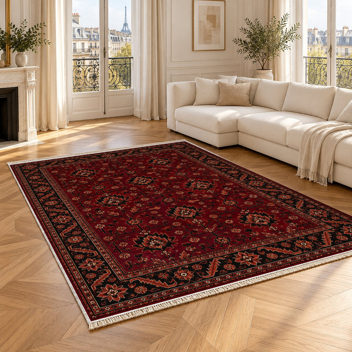 Chobi Vine Burgundy washable rug angled room view