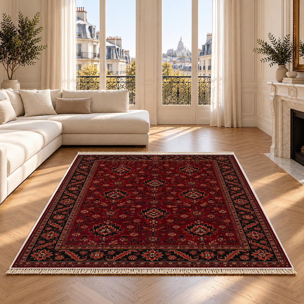 Chobi Vine Burgundy washable rug on an oak floor