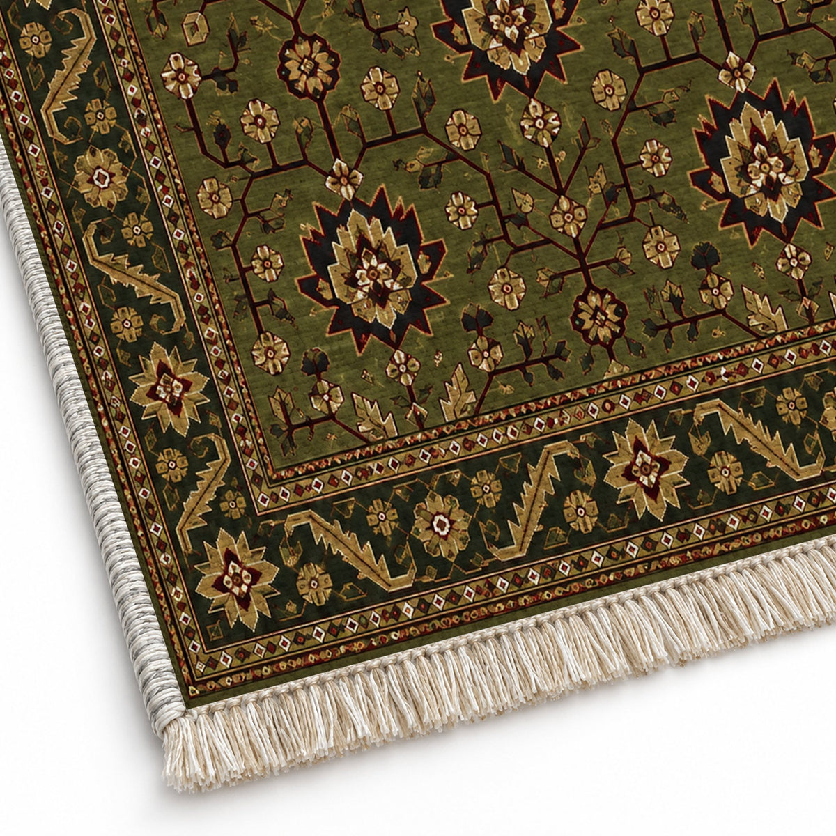 Chobi Vine Olive Green washable rug close-up of the printed chenille