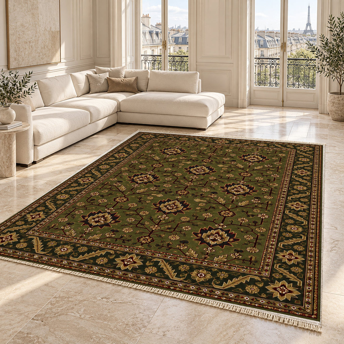 Chobi Vine Olive Green washable rug angled room view on marble