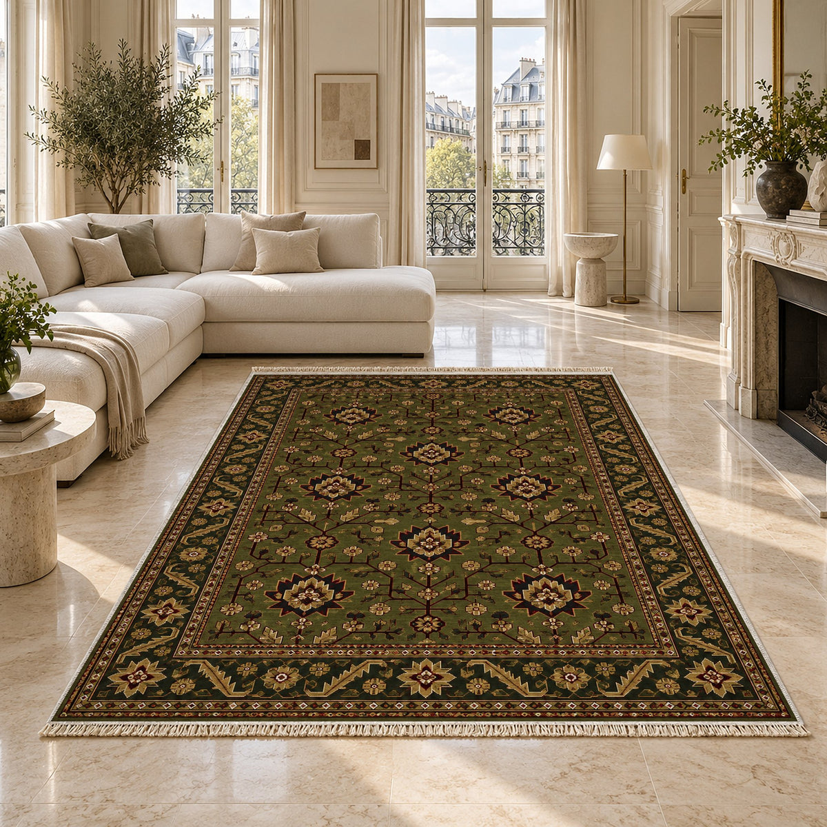 Chobi Vine Olive Green washable rug on a marble floor