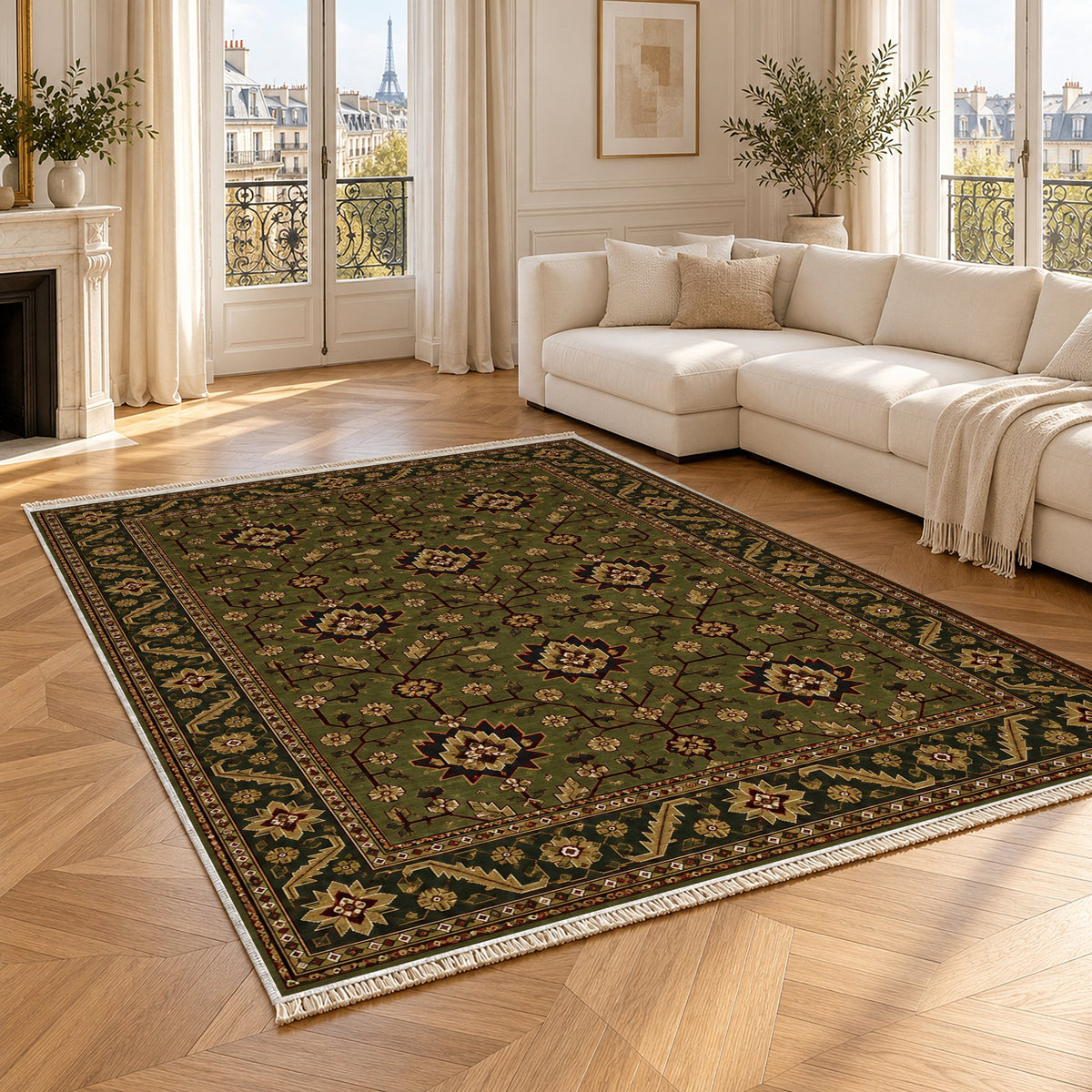 Chobi Vine Olive Green washable rug angled room view