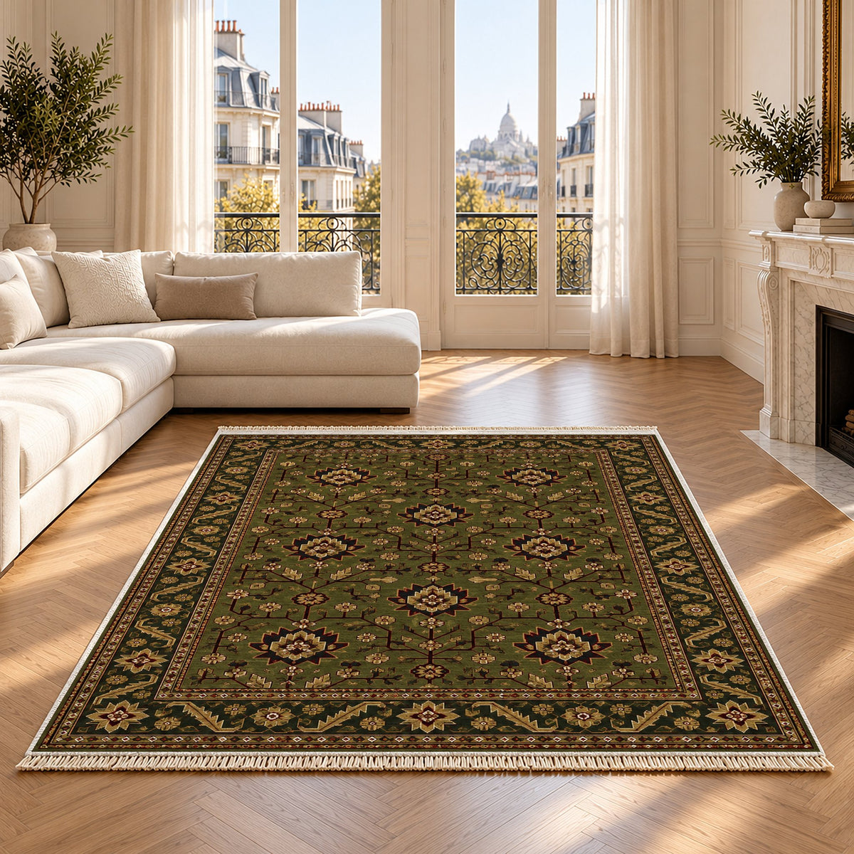 Chobi Vine Olive Green washable rug on an oak floor