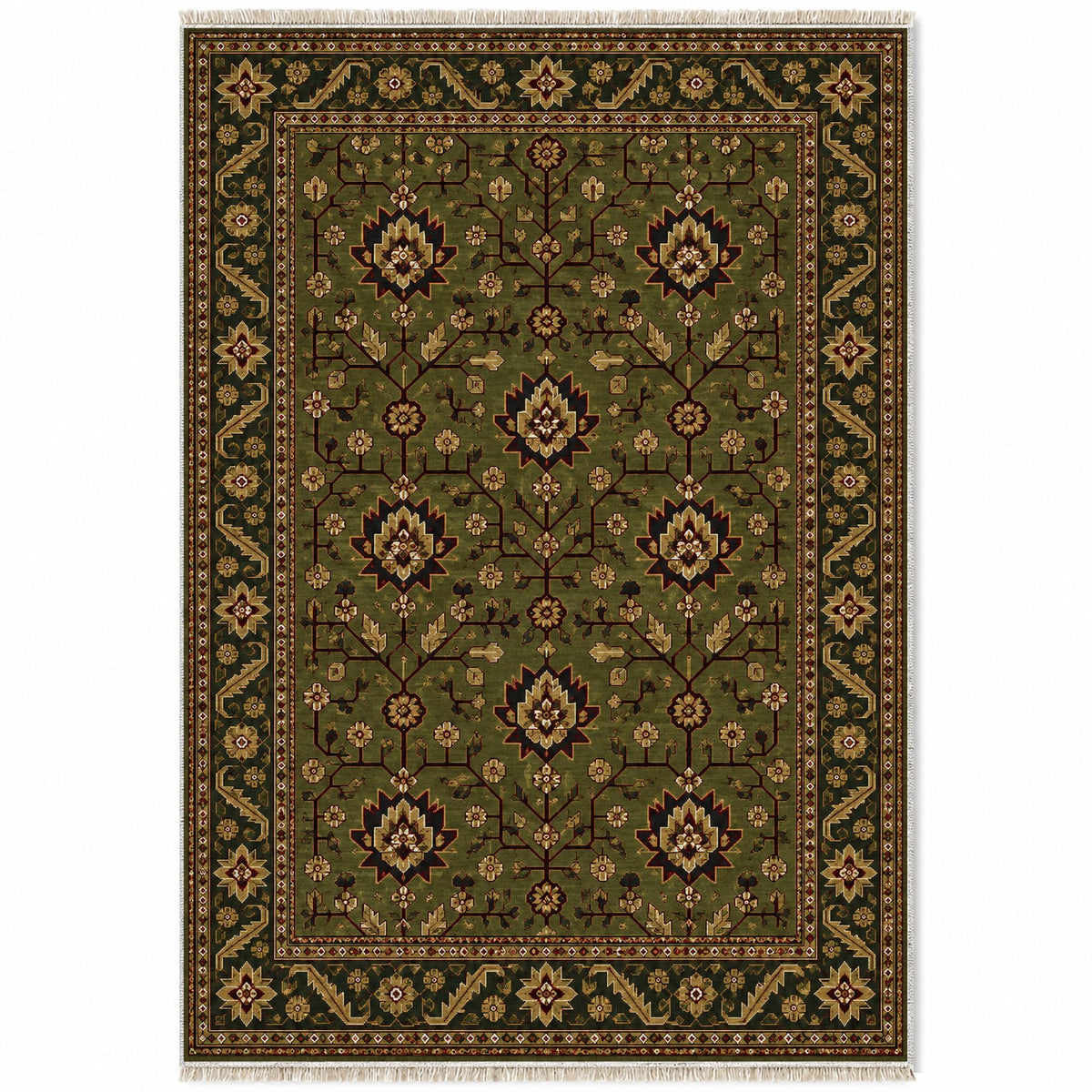 Chobi Vine Olive Green washable rug top view