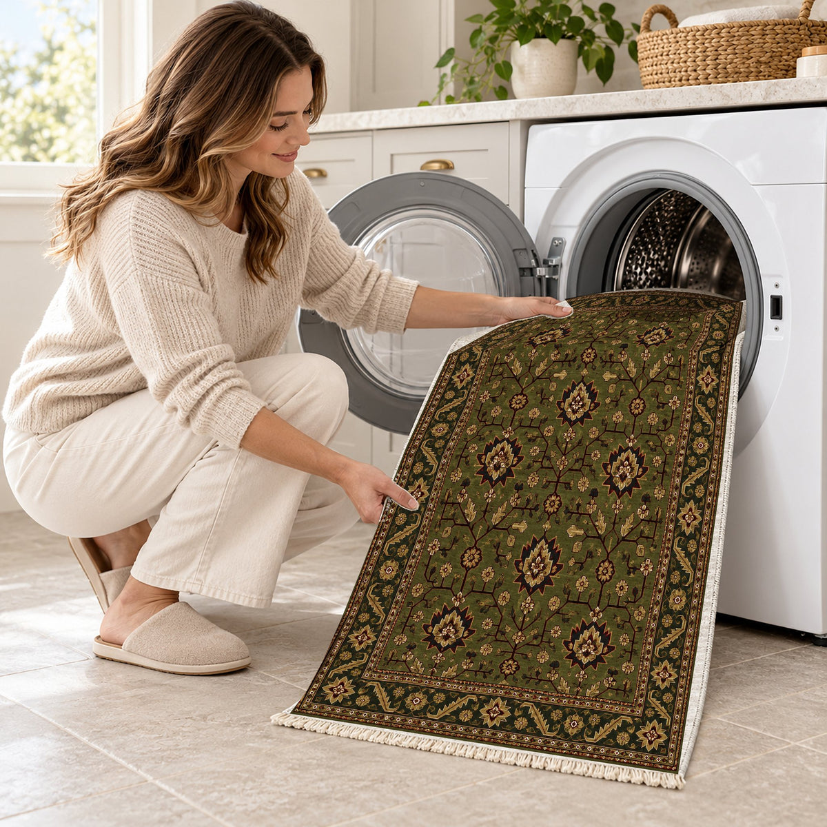 Chobi Vine Olive Green washable rug being loaded into a washing machine