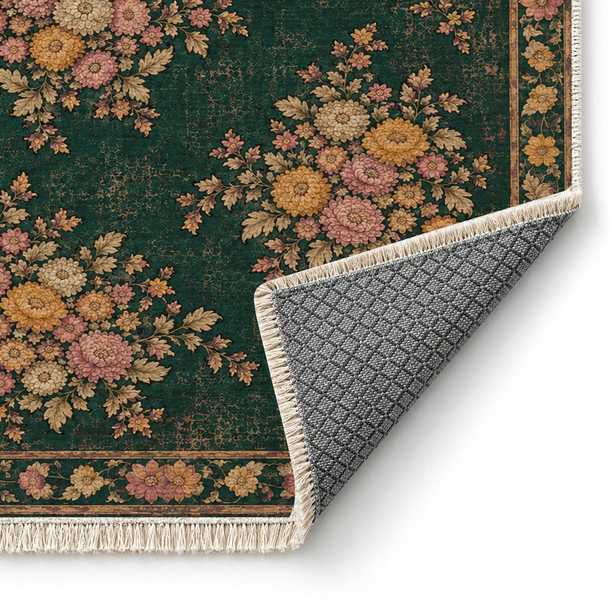 Chrysanthemum Islands Forest & Marigold washable rug folded corner showing the backing