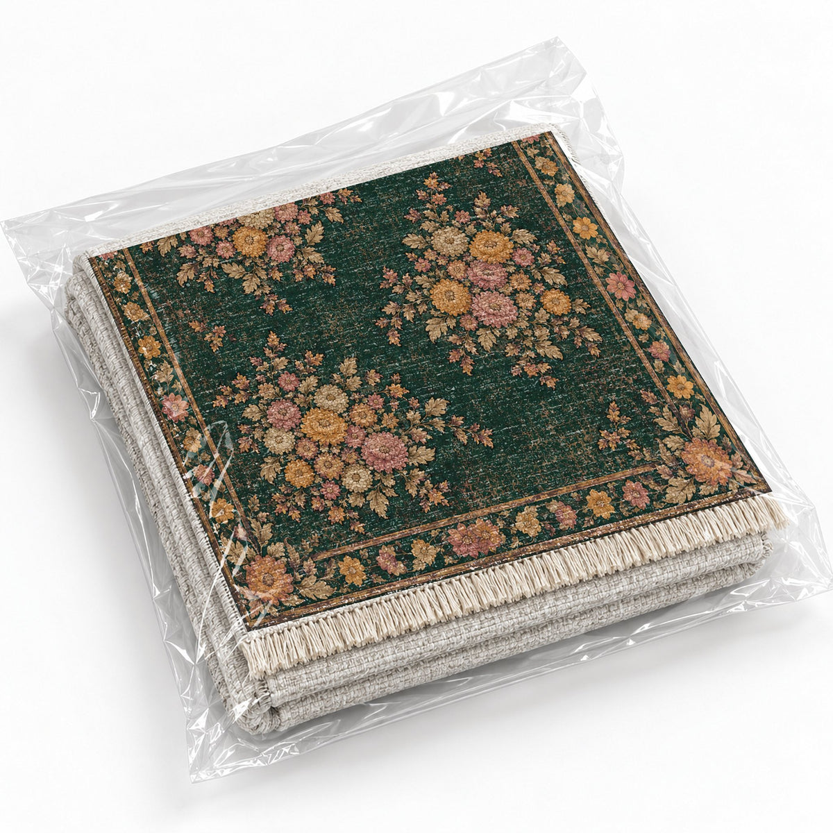 Chrysanthemum Islands Forest & Marigold washable rug rolled and packaged