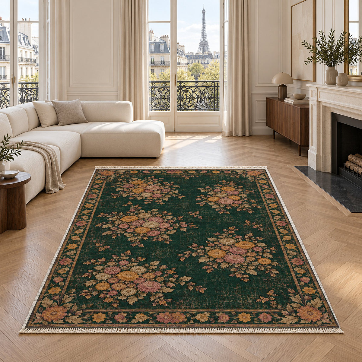 Chrysanthemum Islands Forest & Marigold washable rug in a living room with an Eiffel Tower view