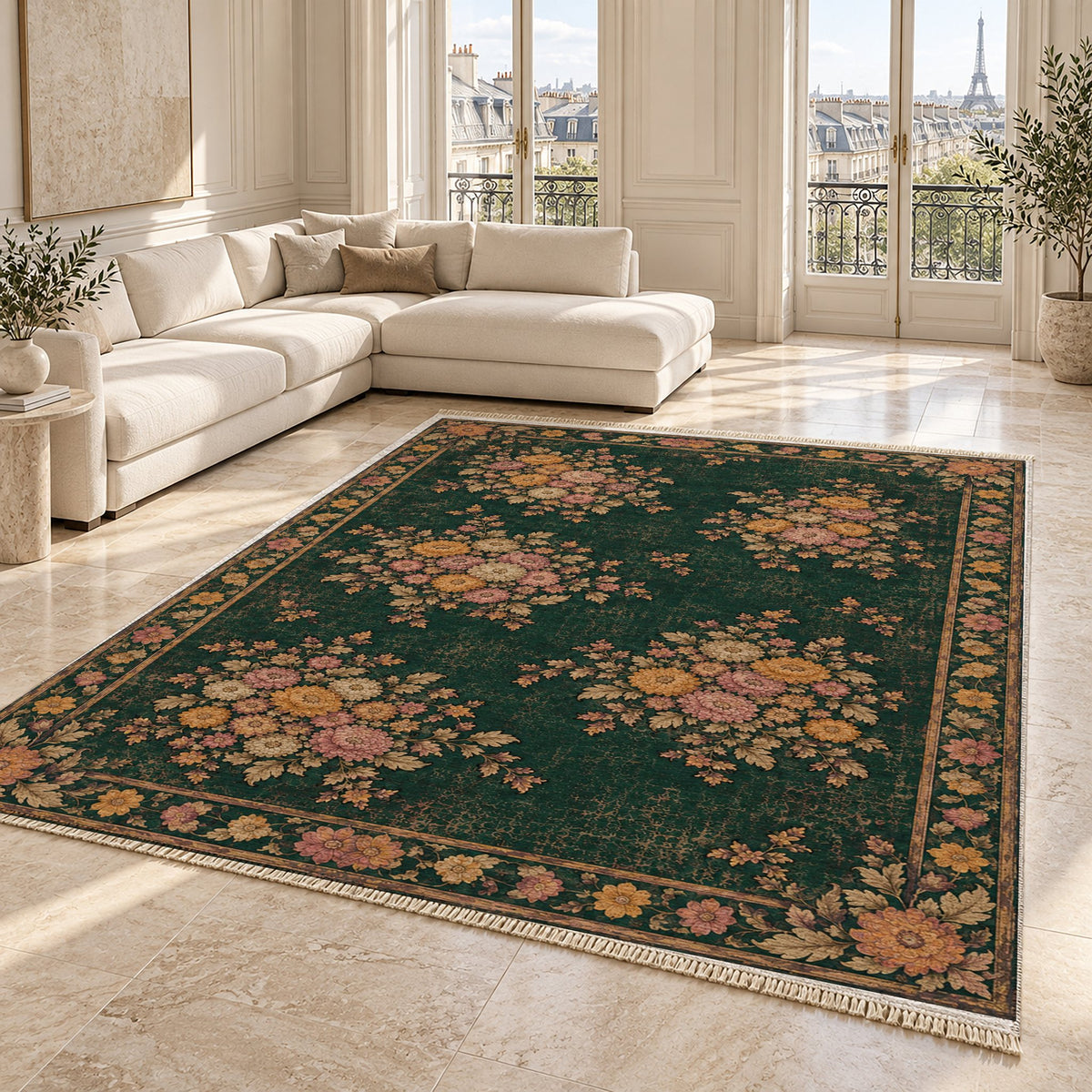 Chrysanthemum Islands Forest & Marigold washable rug angled room view on marble