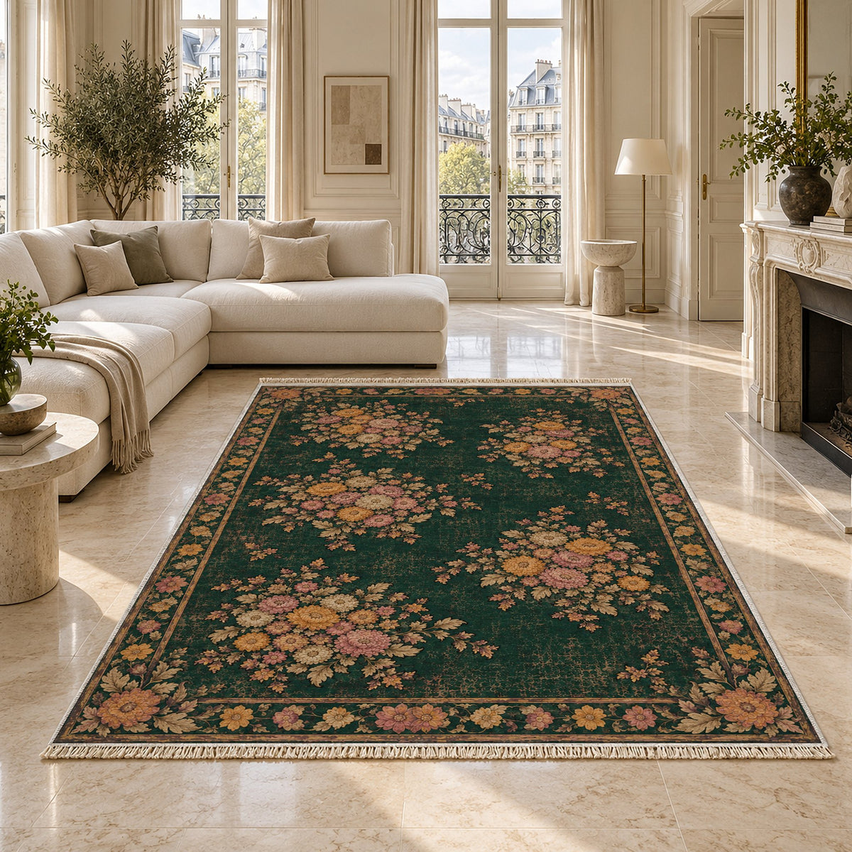 Chrysanthemum Islands Forest & Marigold washable rug on a marble floor