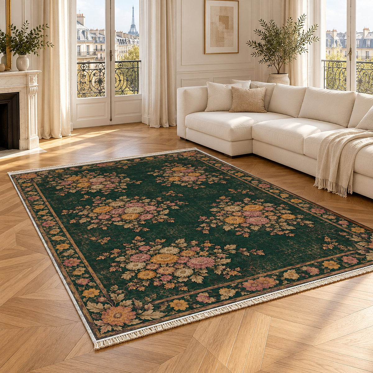 Chrysanthemum Islands Forest & Marigold washable rug angled room view