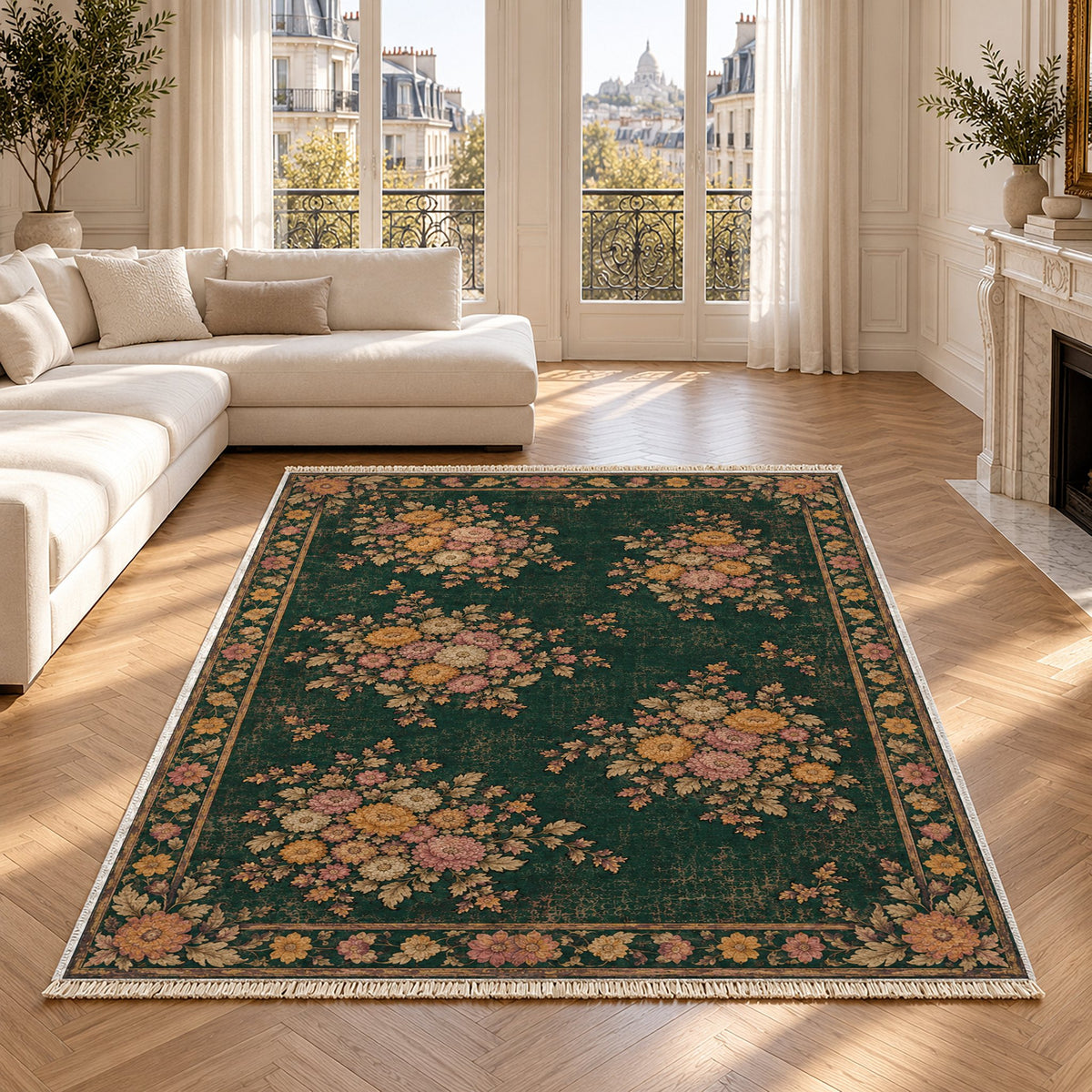 Chrysanthemum Islands Forest & Marigold washable rug in a Paris living room